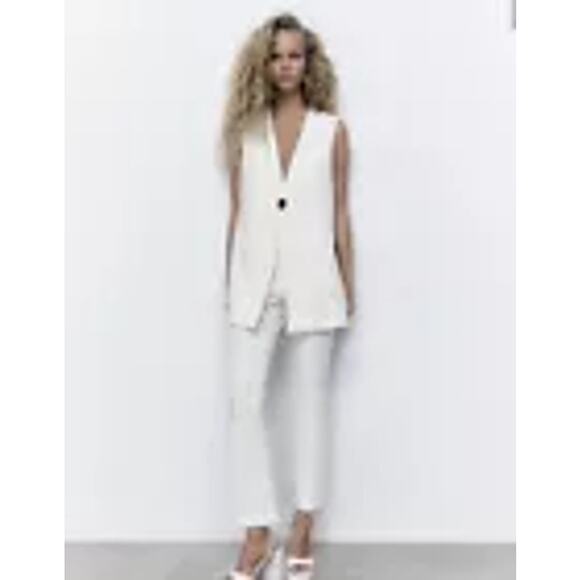 Zara White Dressy Long Vest Waistcoat Minimalist Side Slits size Large - Picture 1 of 11